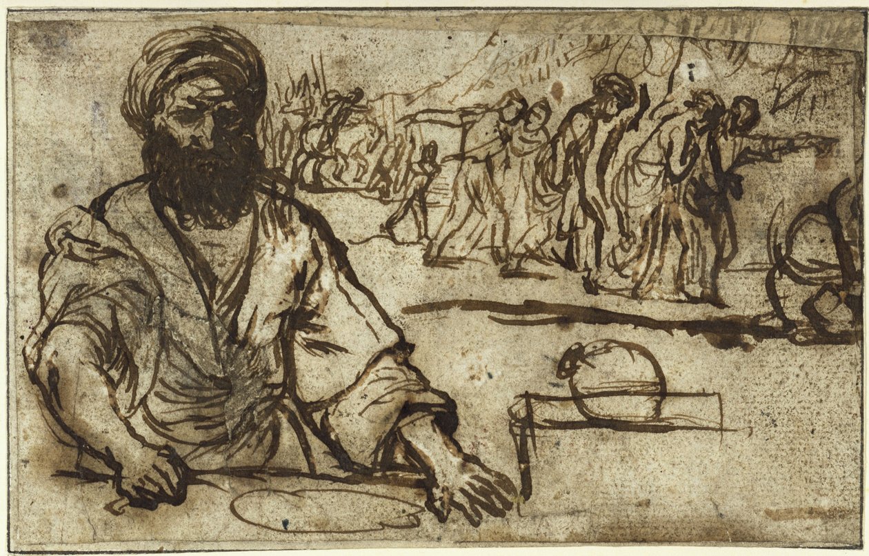 Sedící vousatý muž, v pozadí průvod lidí a jezdců od Adam Elsheimer