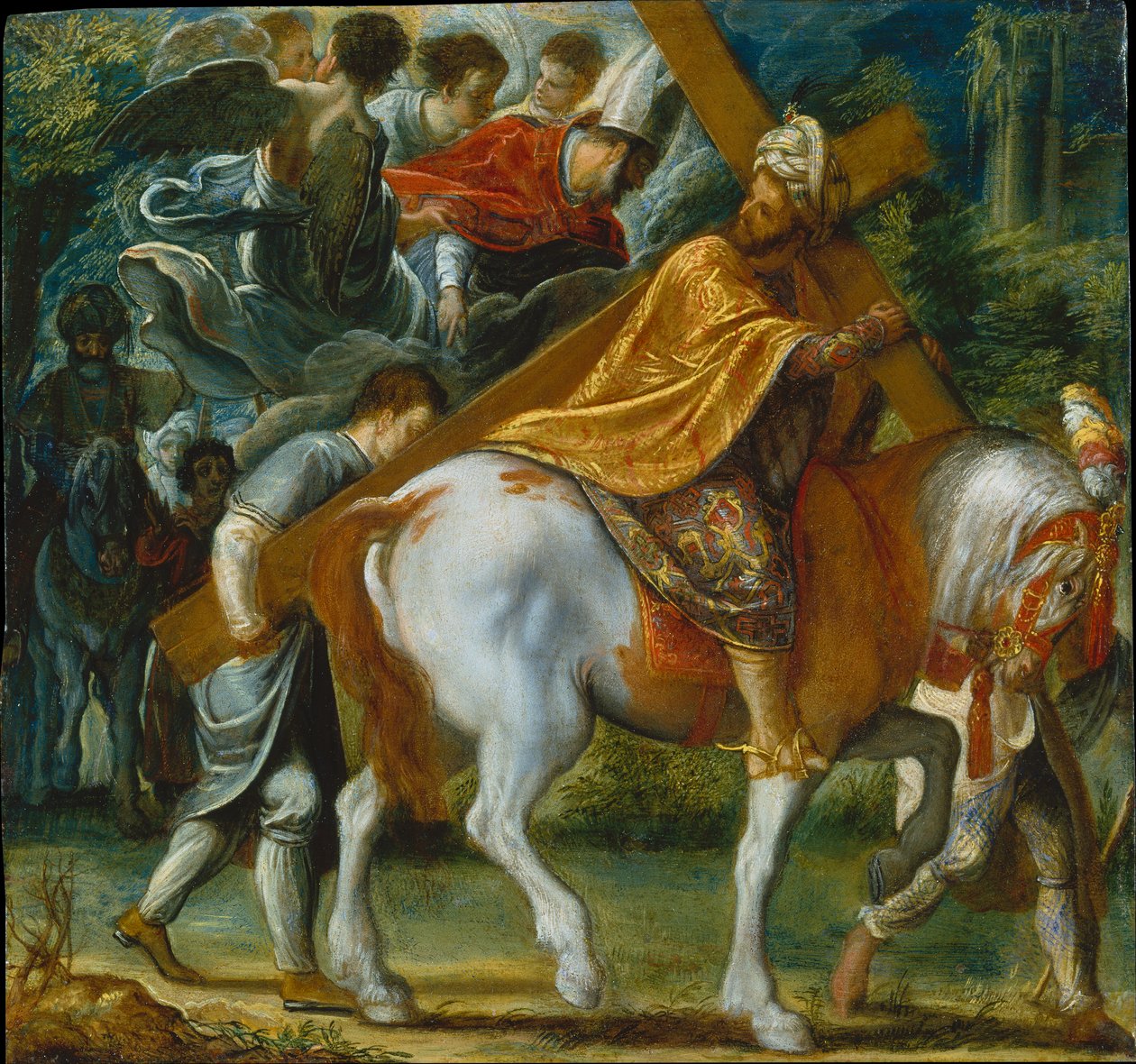 Frankfurtský oltářní obraz Povýšení svatého Kříže: Herakleios na koni s Křížem (vpravo dole) od Adam Elsheimer
