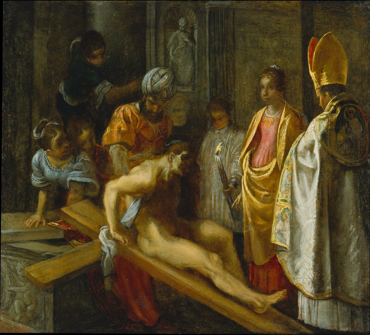 Frankfurtský oltářní obraz Povýšení pravého kříže: Zkouška kříže (uprostřed vpravo) od Adam Elsheimer