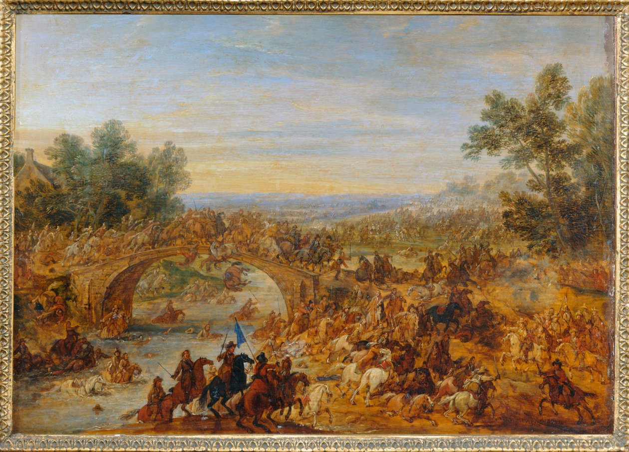 Boj kavalerie při přejezdu mostu... od Adam Frans van der (circle of) Meulen