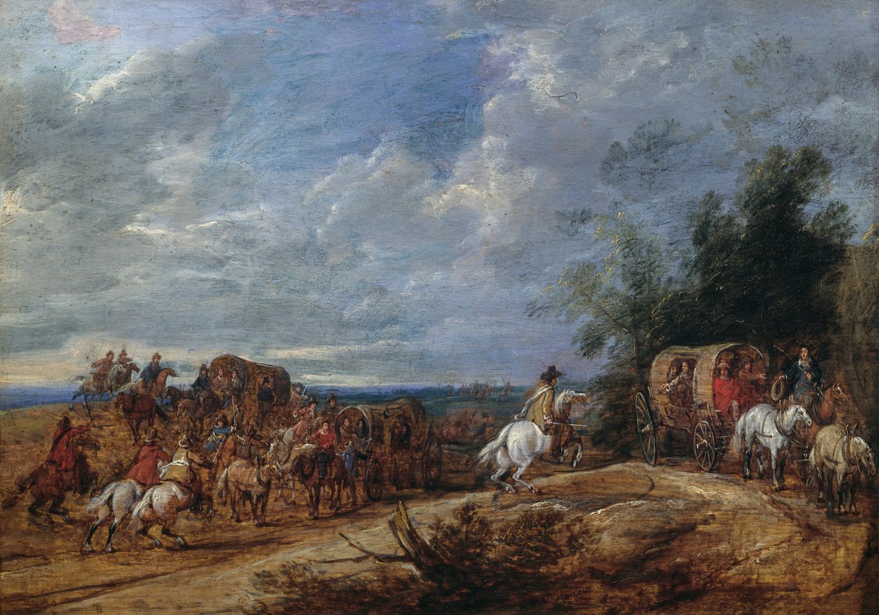 Zbojníci útočící na vlak vagonů, obraz od Adama Franse van der Meulena od Adam Frans van der Meulen