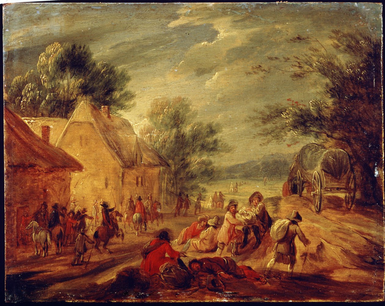 Jezdci útočící na vesničku. Obraz Adama Franse van der Meulena (1632-1690). Olej na dřevě. Vlámské umění, barokní styl. Puškinovo muzeum výtvarných umění, Moskva. od Adam Frans van der Meulen