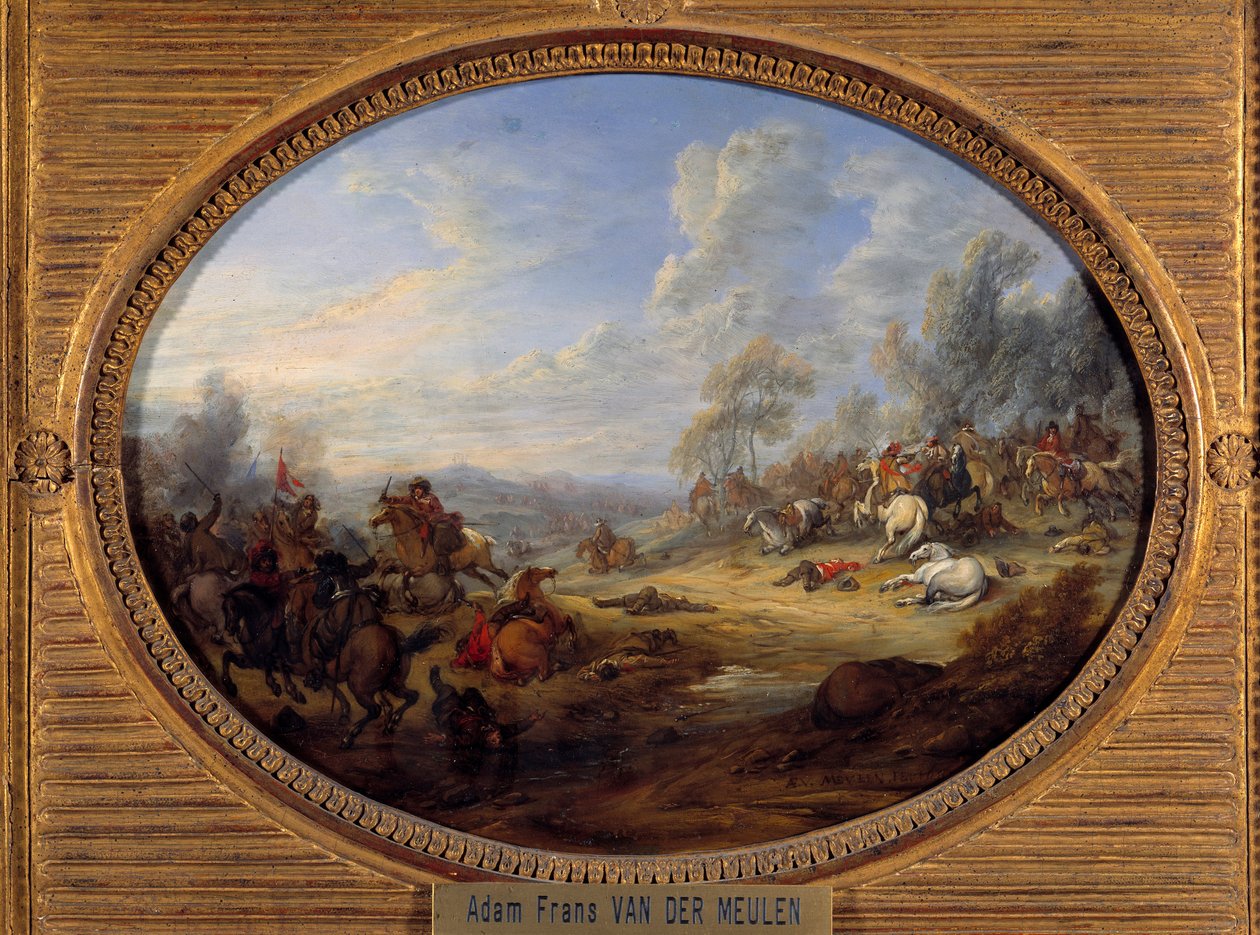 Cavalry Shock Bitva za vlády Ludvíka XIV. Obraz Adama Van der Meulena (1632-1690) Sun. 0,2x0,27m od Adam Frans van der Meulen