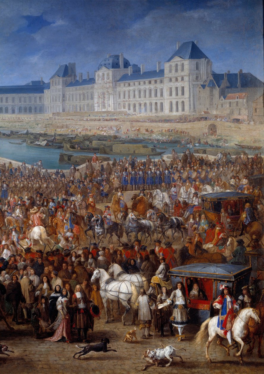 Nádvoří a parchanti. Pravý detail Ludvíka XIV. (1638-1715) překračujícího Pont Neuf ve svém kočáru. Obraz od Adama Francoise Van Der Meulena (1632-1690) od Adam Frans van der Meulen