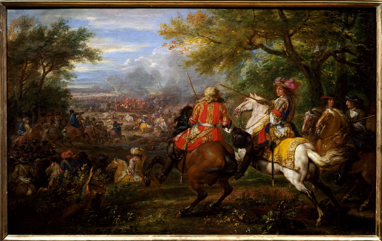 Porazil španělskou armádu poblíž Bruggského průplavu dne 31. srpna 1667. Francouzský král Ludvík XIV. na bílém koni je obklopen svými generály: Francois de Crequy (1629-1687) a princem Ludvíkem II z Bourbon-Conde (Bourbon Conde ) s názvem Grand Conde (16 od Adam Frans van der Meulen