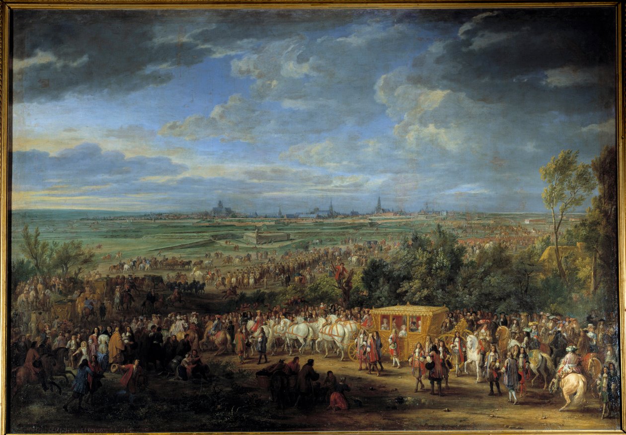Mezi králem Ludvíkem XIV. a královnou Marií Terezií 30. července 1667 v Arras““ Obraz Adama Van Der Meulena (1632-1690) 17. století Sun. 2,32 x 3,31 m od Adam Frans van der Meulen