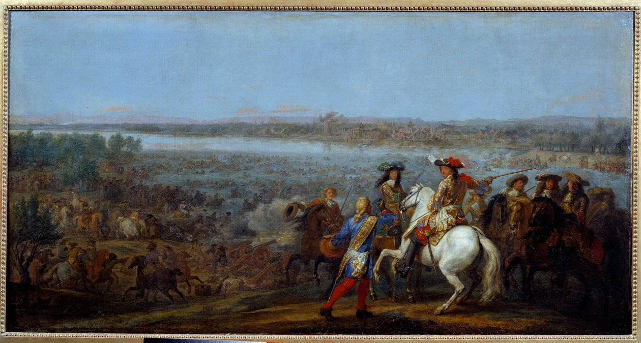 Holandská válka: „“průchod Rýna dne 12/06/1672““ Armády krále Ludvíka XIV. (1638-1715) a Ludvíka II. Bourbonského, prince z Conde (Bourbon-Conde) (Grand Conde) (1621- 1686) přenést Rýn do Tolhuis. Obraz od Adama Franse van der Meulena (1632-90) M od Adam Frans van der Meulen