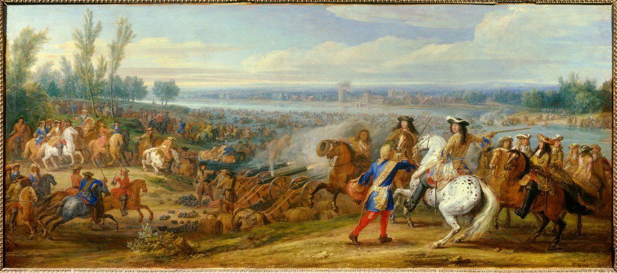 Holandská válka: „“průchod Rýna dne 12/06/1672““ Armády krále Ludvíka XIV. (1638-1715) a Ludvíka II. Bourbonského, prince z Conde (Bourbon-Conde) (Grand Conde) (1621- 1686) předat Rýn do Tolhuis. Obraz od Adama Franse van der Meulena (1632-1690) od Adam Frans van der Meulen