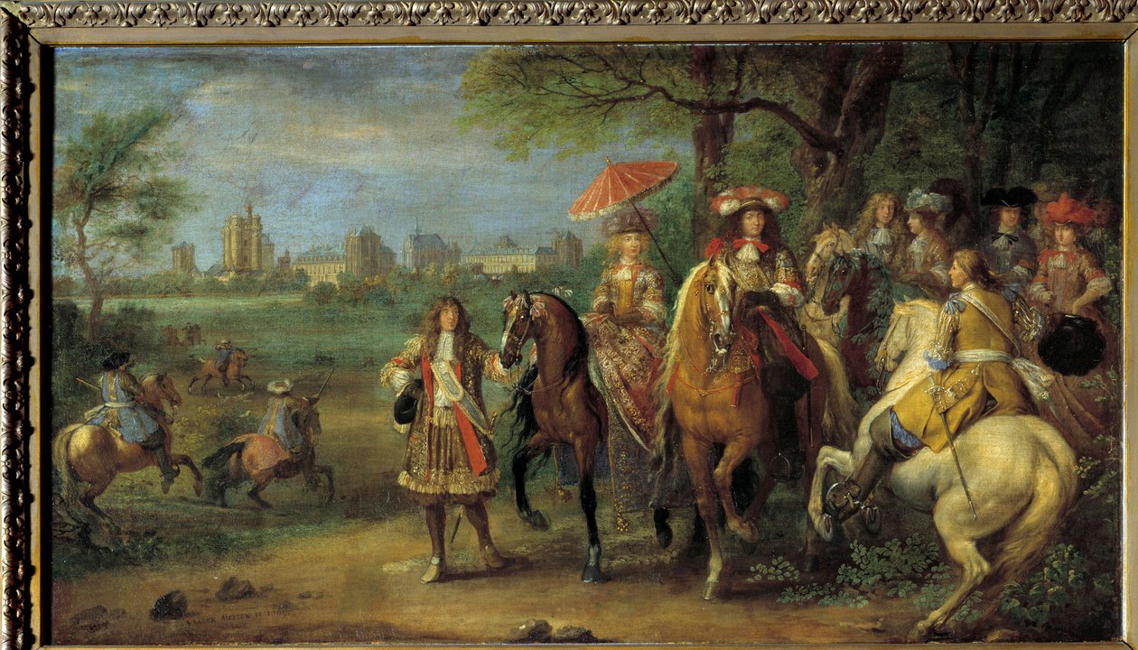 Král Ludvík XIV. (1638-1715) a rakouská královna Marie-Terezie (1638-1683) na procházce před zámkem Vincennes v roce 1669 Obraz od Adama Franse Van der Meulena (1632-1690) od Adam Frans van der Meulen