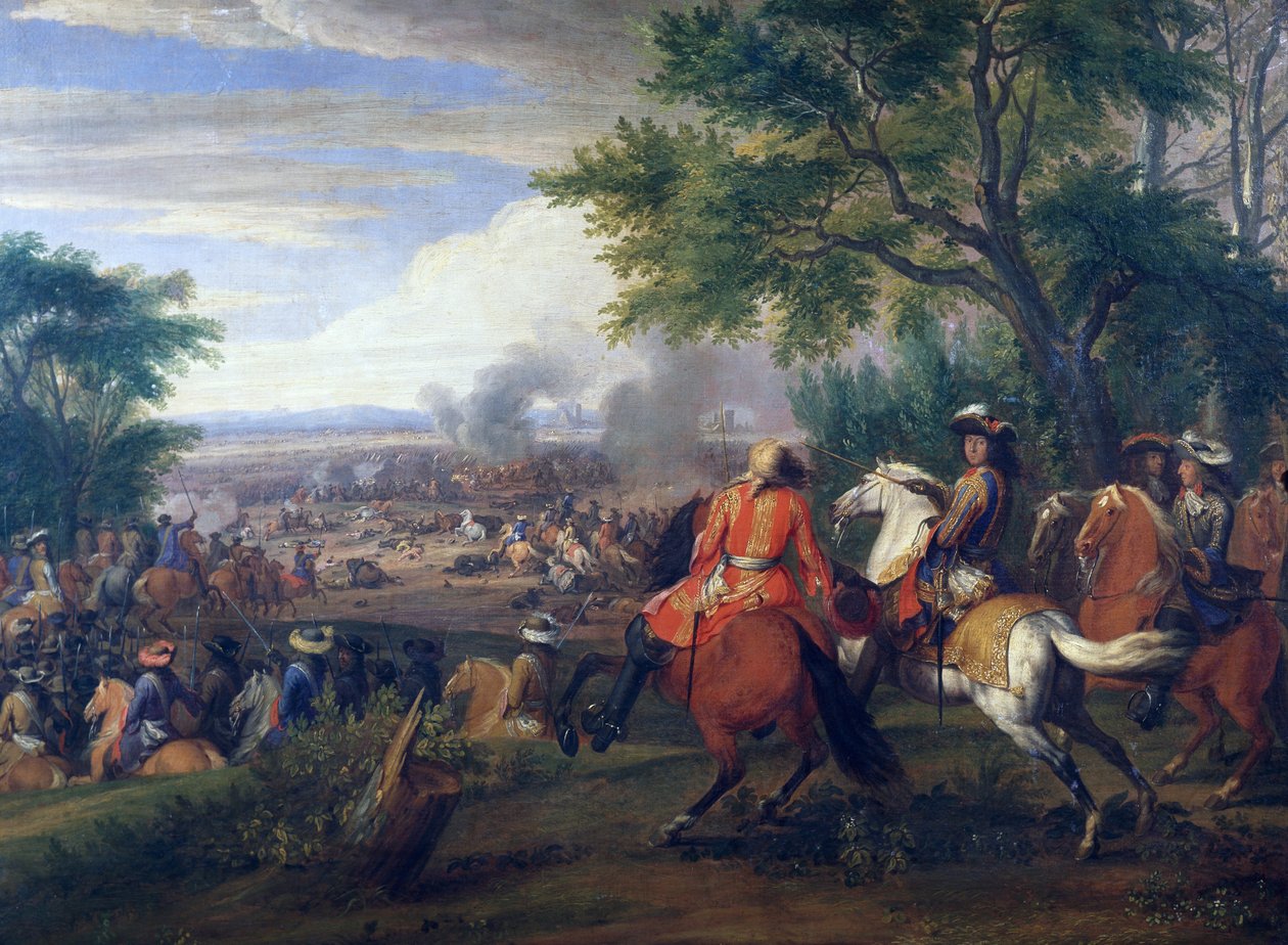 Král Ludvík XIV. při porážce španělské armády u Bruggského kanálu v roce 1667, obraz Van der Meulen (1632-1690), Francie a Belgie od Adam Frans van der Meulen