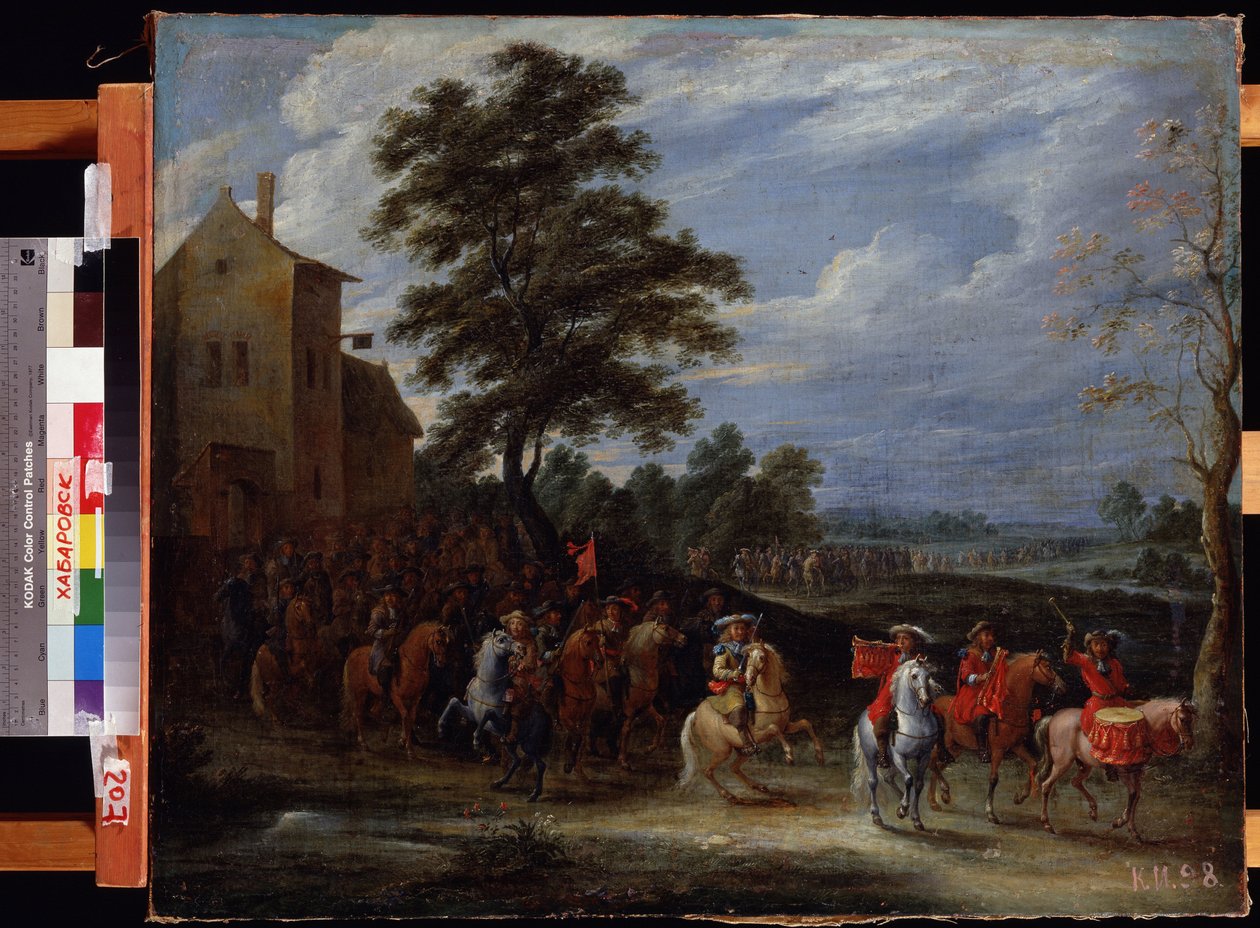 Jezdecký pluk projíždějící oblastí (Pluk kavalérie zaujímá pole). Obraz Adama Franse van der Meulena (1632-1690). Olej na plátně, 65 x 78,5 cm, vlámské umění, barokní umění. Muzeum Dálného východu, Chabarovsk. ©FineArtImage/Leemage od Adam Frans van der Meulen