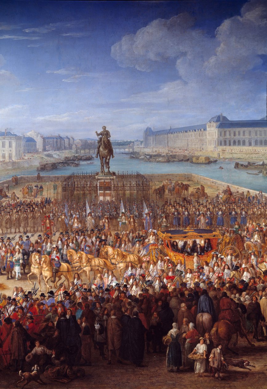 Královský kočár. Centrální detail Ludvíka XIV. (1638-1715) překračujícího Pont Neuf ve svém kočáru. Obraz od Adama Francoise Van Der Meulena (1632-1690) od Adam Frans van der Meulen