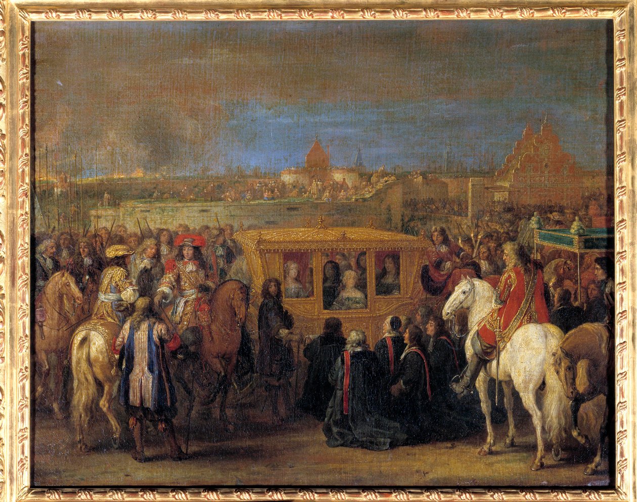 Slavnostní vjezd krále Ludvíka XIV. (1638-1715) a rakouské královny Marie Terezie do Douai dne 23. 8. 1667 (královna ve svém kočáru přijímá poctu dinginů města jako jejich vrchnosti) Obraz Adam Frans Van der Meulen (1632-1690). Asi 1667 od Adam Frans van der Meulen