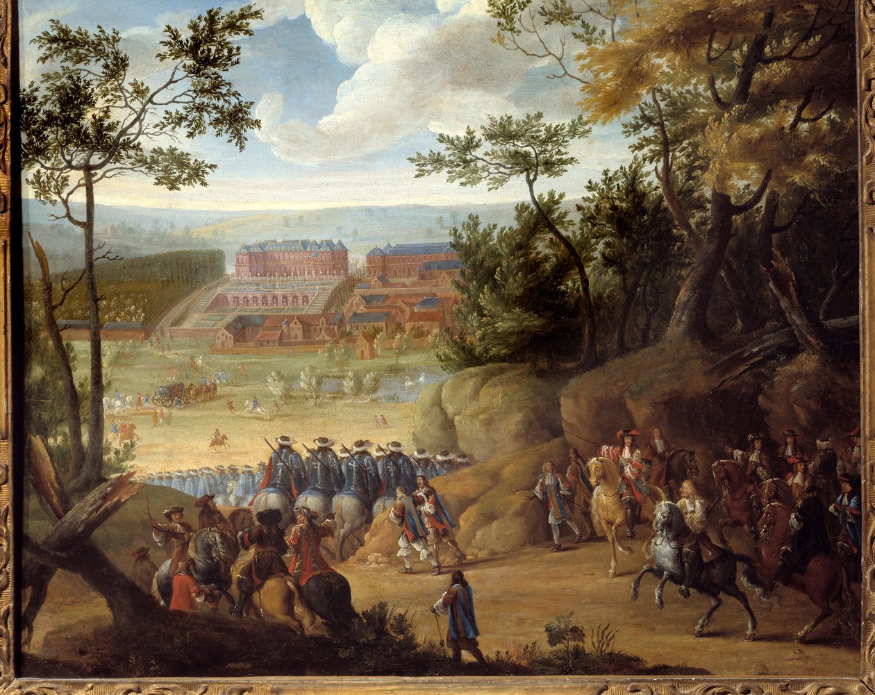 Pohled na Versailles v roce 1664 s francouzským králem Ludvíkem XIV. (1638-1715) a společností mušketýrů. Obraz od Adamse Franse Van der Meulena (1632-1690) od Adam Frans van der Meulen
