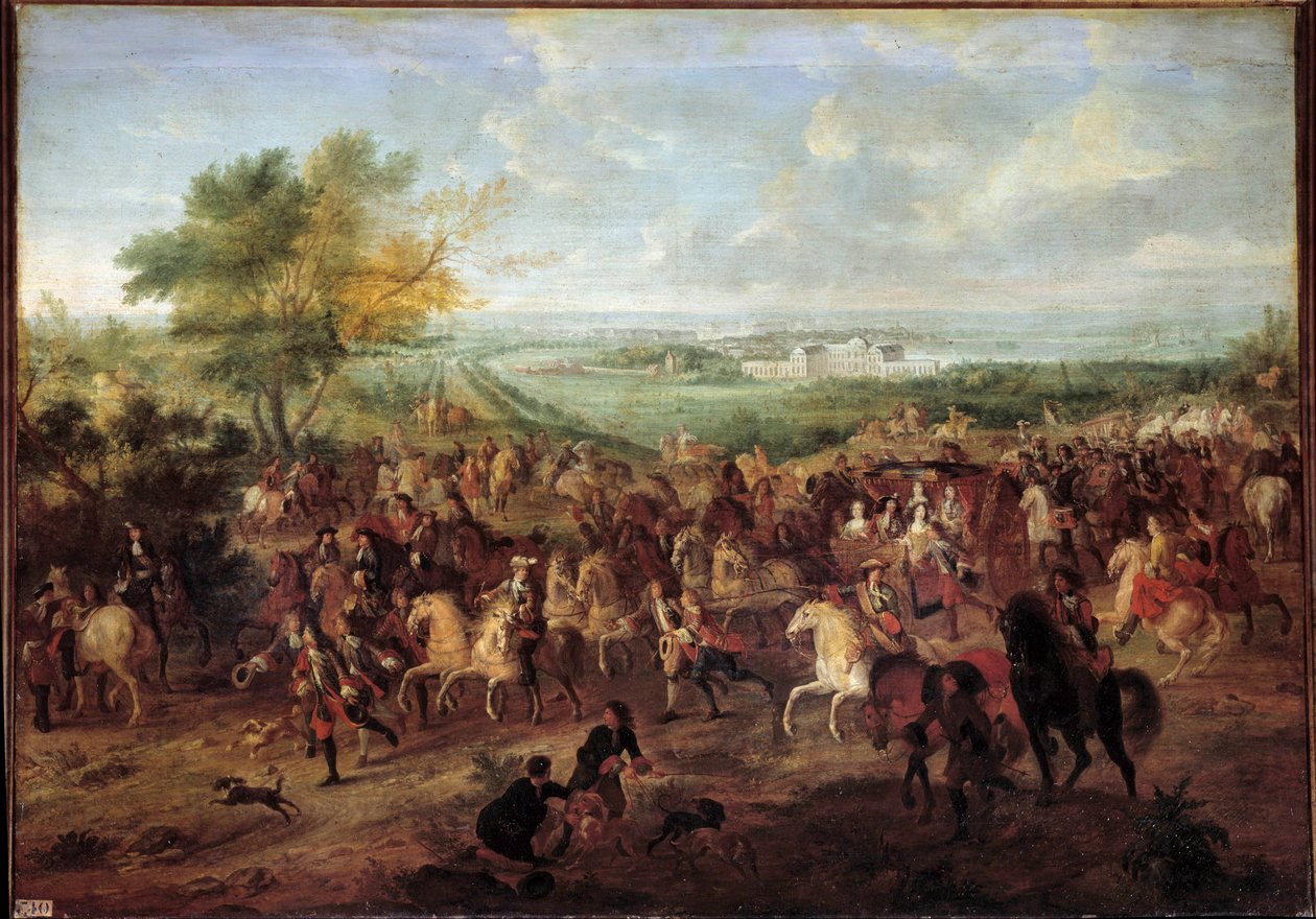Procházka kočárem krále Ludvíka XIV. (1638-1715), rakouské královny Marie Terezie, dauphina Ludvíka a Dauphine před zámkem Clagny ve Versailles Obraz Adama van der Meulena (1632-1690) Kolem 1680 ne. 1,4x1,9 od Adam Frans van der Meulen