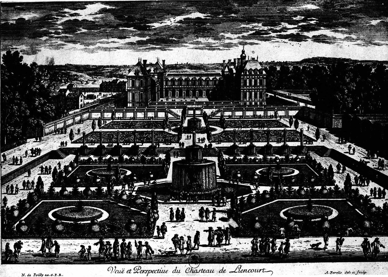 Chateau de la Rochefoucauld v Liancourtu; kresba Perelle. od Adam Perelle