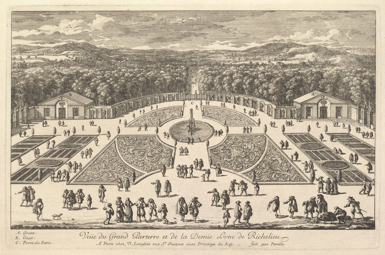 Pohled na Grand Parterre a půlměsíc Richelieu, 17. století. od Adam Perelle