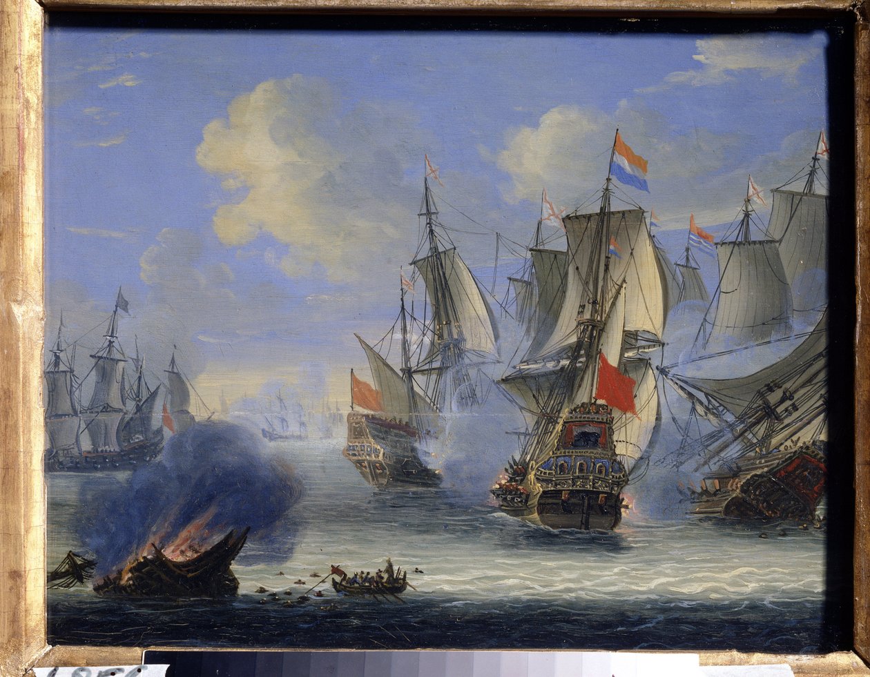 Námořní bitva (námořní bitva). Obraz Adama Sila (1674-1757). Olej na plátně, 25 x 33,5 cm. Nizozemské umění, barokní umění. Státní muzeum umění, Tula (nebo Tolan). od Adam Silo