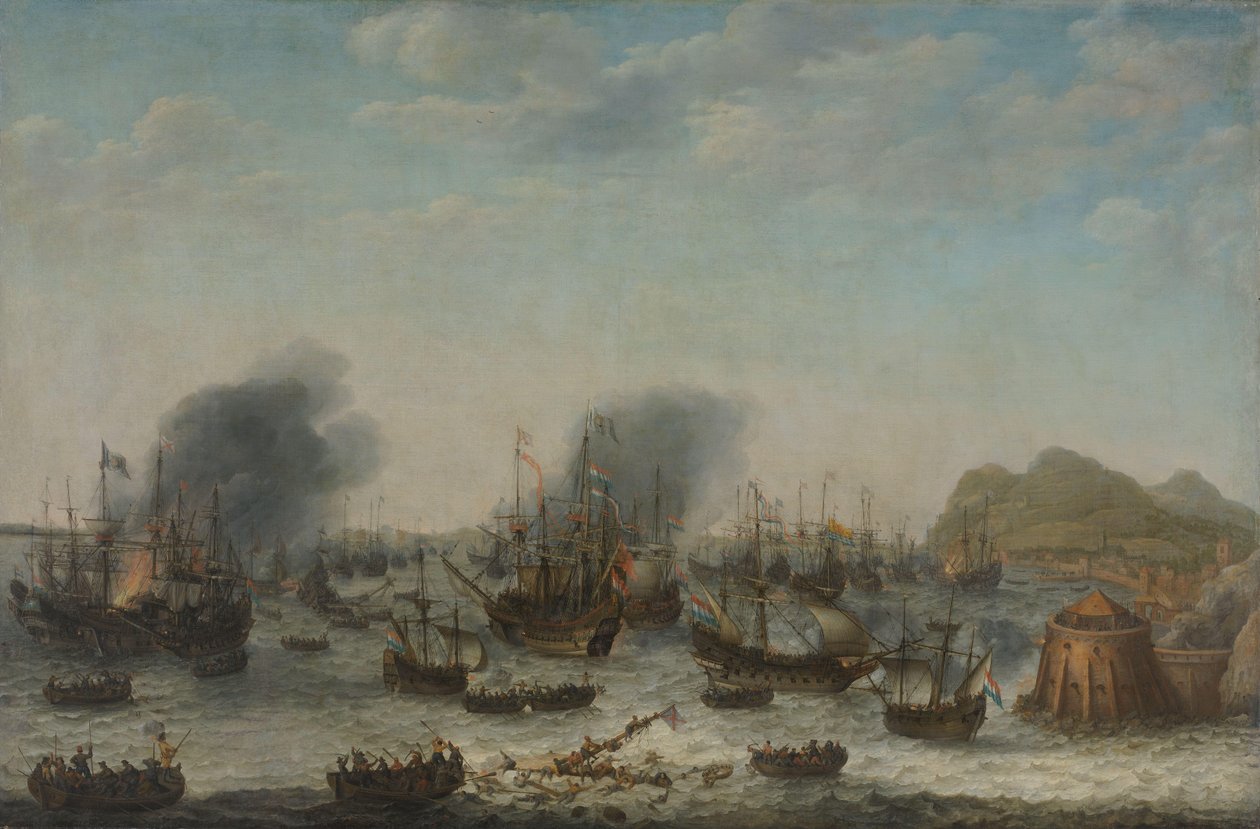 Porážka Španělů u Gibraltaru holandskou flotilou pod velením admirála Jacoba van Heemskercka, 25. dubna 1607 od Adam Willaerts (signed by artist)