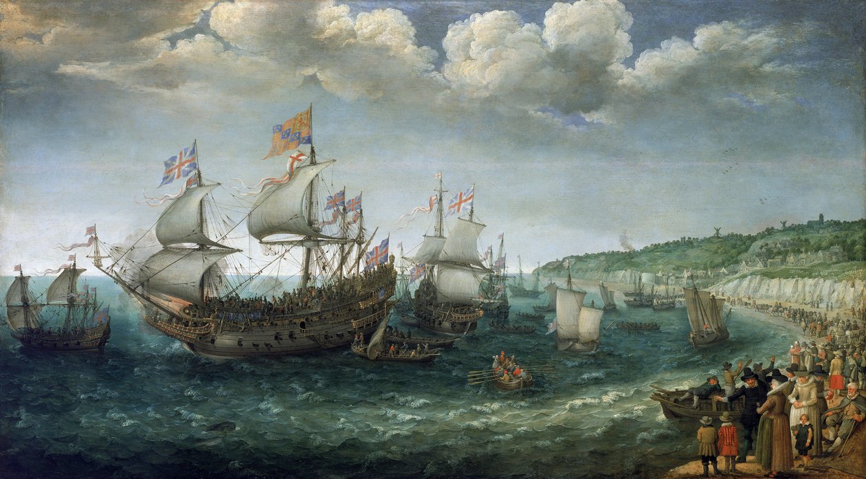 Nalodění Fridricha I. z Wittelsbachu (1596-1632), falckého kurfiřta (pozdějšího českého krále), na loď "Prince Royal" v Doveru (Anglie), 25. dubna. od Adam Willaerts