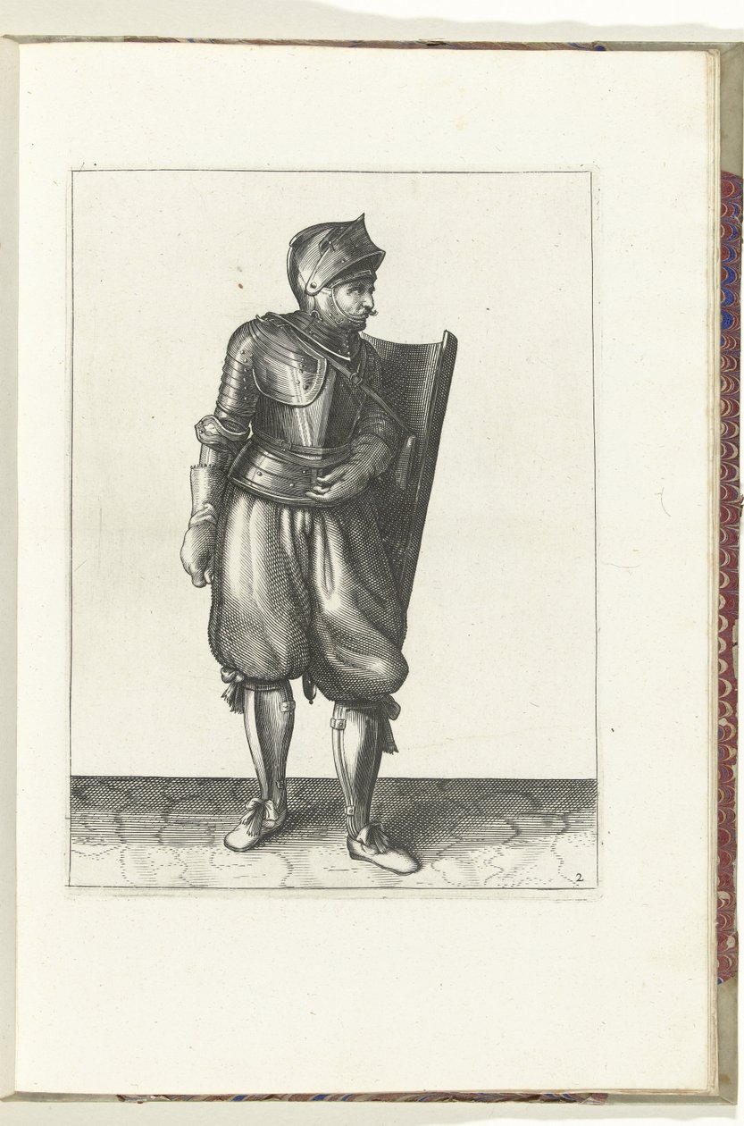 Cvičení s terčem a rapírem: voják přináší terč zezadu přes levé rameno (č. 2), 1618 Nassausche Wapen-Handelinge, van Schilt, Spies, Rappier a Targe: beyde figuerlick vyobrazeny a zarámované podle nového řádu (... od Adam van Breen