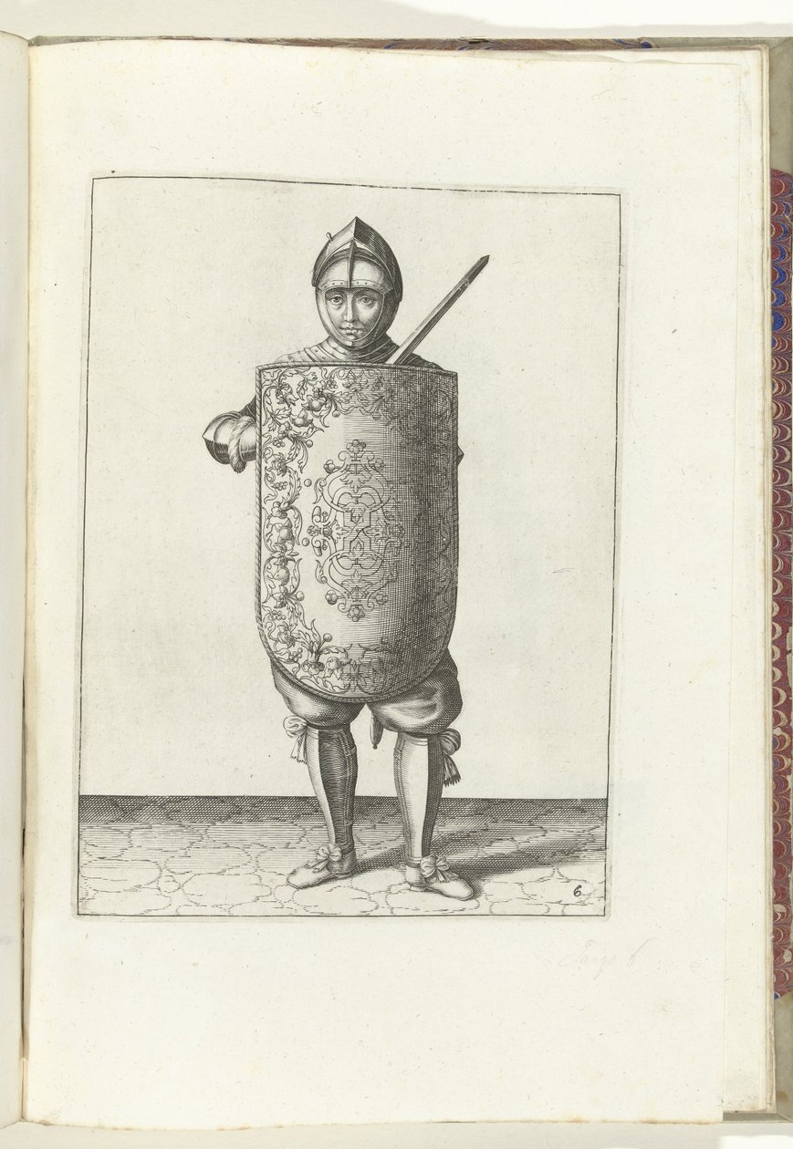 Cvičení s terčem a rapírem: voják drží terč před hrudníkem a natažený rapír na levém rameni (č. 6), 1618 Nassausche Wapen-Handelinge, van Schilt, Spies, Rappier a Targe: zobrazeno beyde figuerlick, ende zarámováno po od Adam van Breen