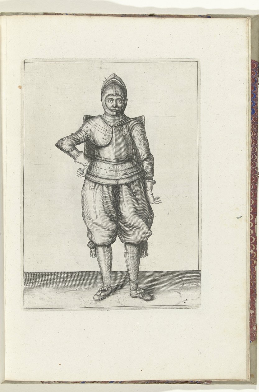 Vrták s terčem a rapírem: voják v klidu s terčem na zádech (č. 1), 1618 Nassausche Wapen-Handelinge, van Schilt, Spies, Rappier a Targe: vyobrazeny beyde figuerlick a zarámované podle nového řádu [z] (...) Mauritse van Nassy od Adam van Breen