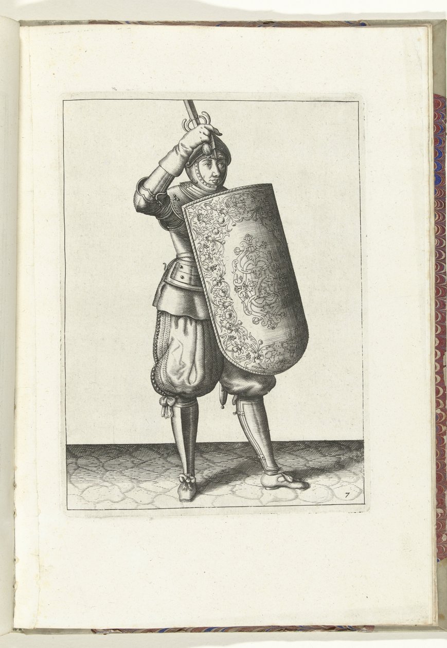 Vrták s terčem a rapírem: jak si má voják zavřít hledí přilby s terčem a nataženým rapírem v ruce (č. 7), 1618 Nassausche Wapen-Handelinge, van Schilt, Spies, Rappier a Targe: vyobrazení beyde figuerlick a od Adam van Breen