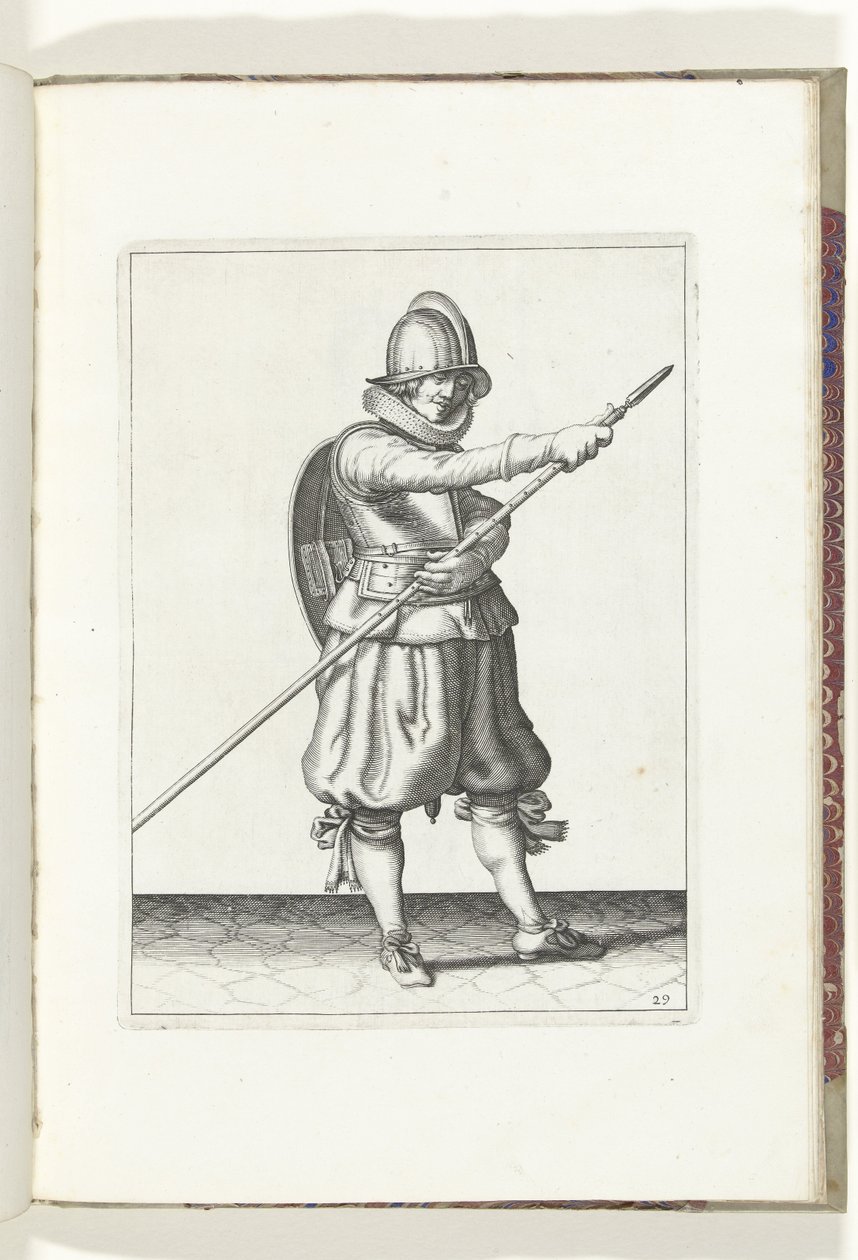 Cvičení Štít a bodec: Voják dvěma rukama vrací bodec (č. 29), 1618 Nassausche Wapen-Handelinge, van Schilt, Spies, Rappier a Targe: zobrazeny beyde figuerlick a zarámované podle nového řádu [z] (...) Ma od Adam van Breen