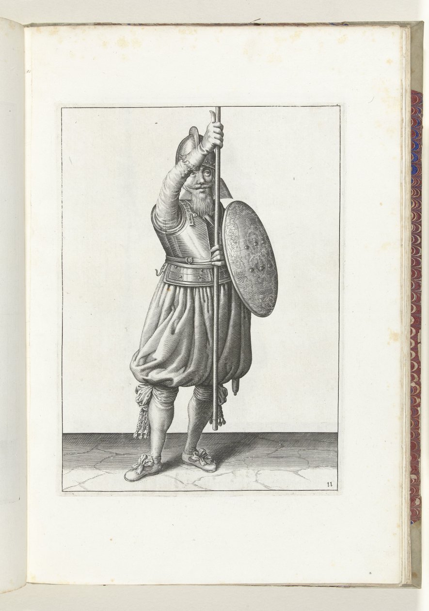 Cvičení se štítem a kopím: voják vrací kopí do klidové polohy třikrát, druhý pohyb (č. 11), 1618 Nassausche Wapen-Handelinge, van Schilt, Spies, Rappier a Targe: beyde figuerlick vyobrazeny a zarámované po od Adam van Breen