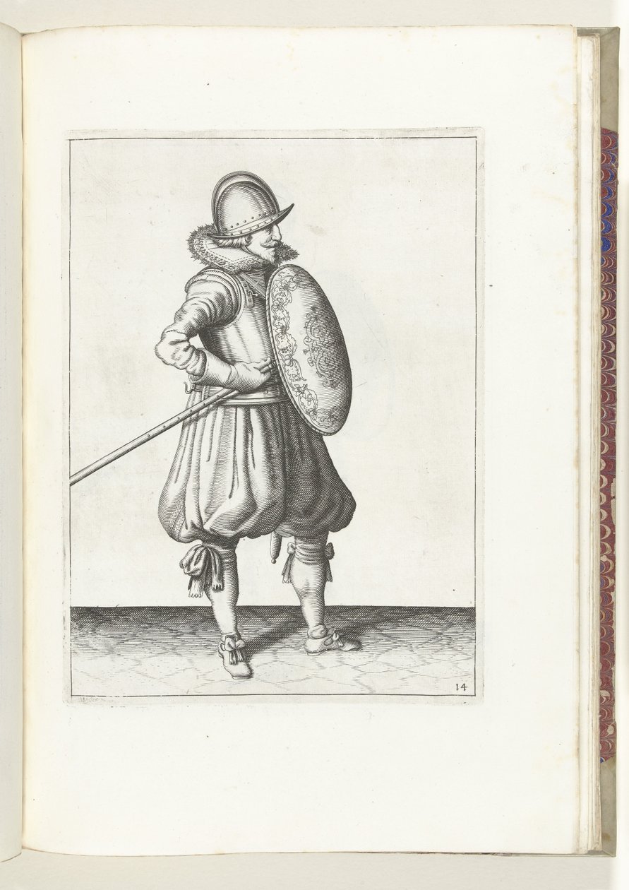 Cvičení štítu a hrotu: Voják přemístí hrot dvakrát do pozice tažení, druhý pohyb (č. 14), 1618 Nassausche Wapen-Handelinge, van Schilt, Spies, Rappier a Targe: zobrazeno beyde figuerlick, zarámováno po novém od Adam van Breen