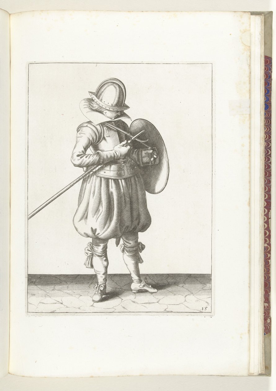 Cvičení The Shield and Spike: The Soldier Holding Spike and Shield Close to Body (č. 15), 1618 Nassausche Wapen-Handelinge, van Schilt, Spies, Rappier a Targe: vyobrazeny beyde figuerlick a zarámované podle nového řádu [z] (...) Maurita od Adam van Breen