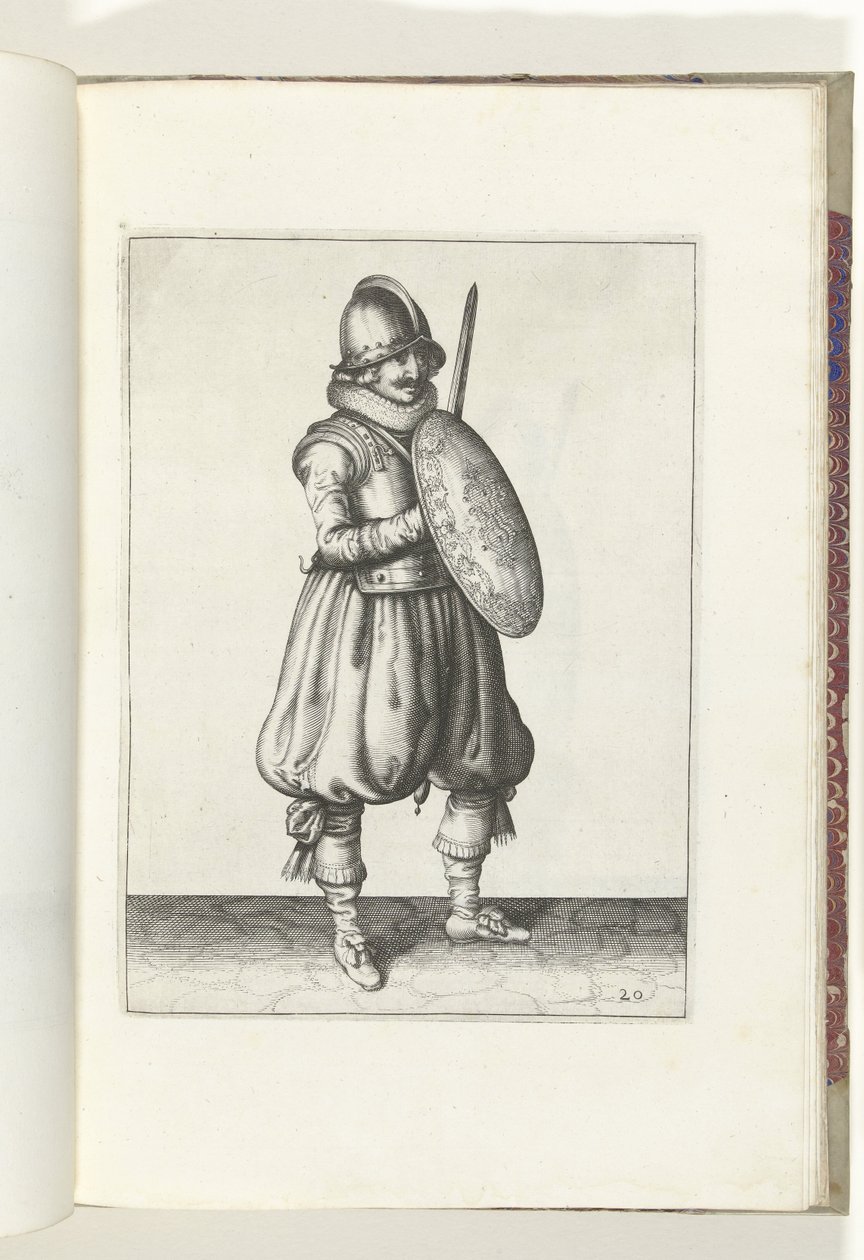Cvičení The Shield and Spike: The Soldier at Attention with his Rapier and Shield in Front of the Trud (č. 20), 1618 De Nassausche Wapen-Handelinge, van Schilt, Spies, Rappier a Targe: zobrazeno beyde figuerlick, na konci zarámováno podle nového řádu [of]  od Adam van Breen