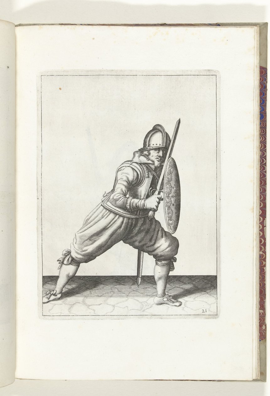 Cvičení Shield and Spike: Voják v obranné pozici s jednou nohou vpředu a jeho rapír a štít na koleně před tělem (č. 21), 1618 The Nassausche Wapen-Handinge, van Schilt, Spies, Rappier a de Targe: beyde figuerli od Adam van Breen