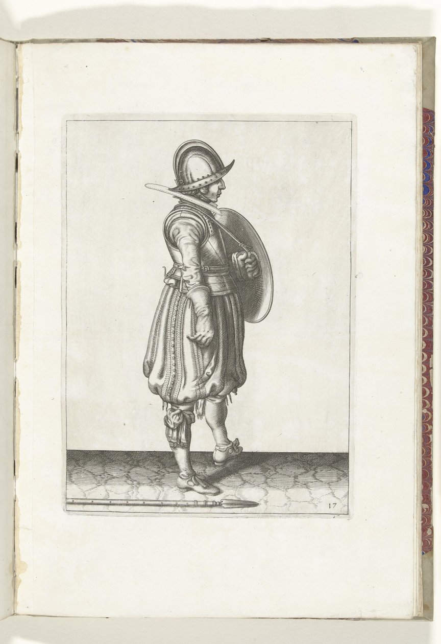 Cvičení Štít a bodec: Voják s připraveným štítem a bodcem na zemi vedle pravé nohy (č. 17), 1618 Nassausche Wapen-Handelinge, van Schilt, Spies, Rappier a Targe: zobrazeno beyde figuerlick, zarámováno po novém od Adam van Breen