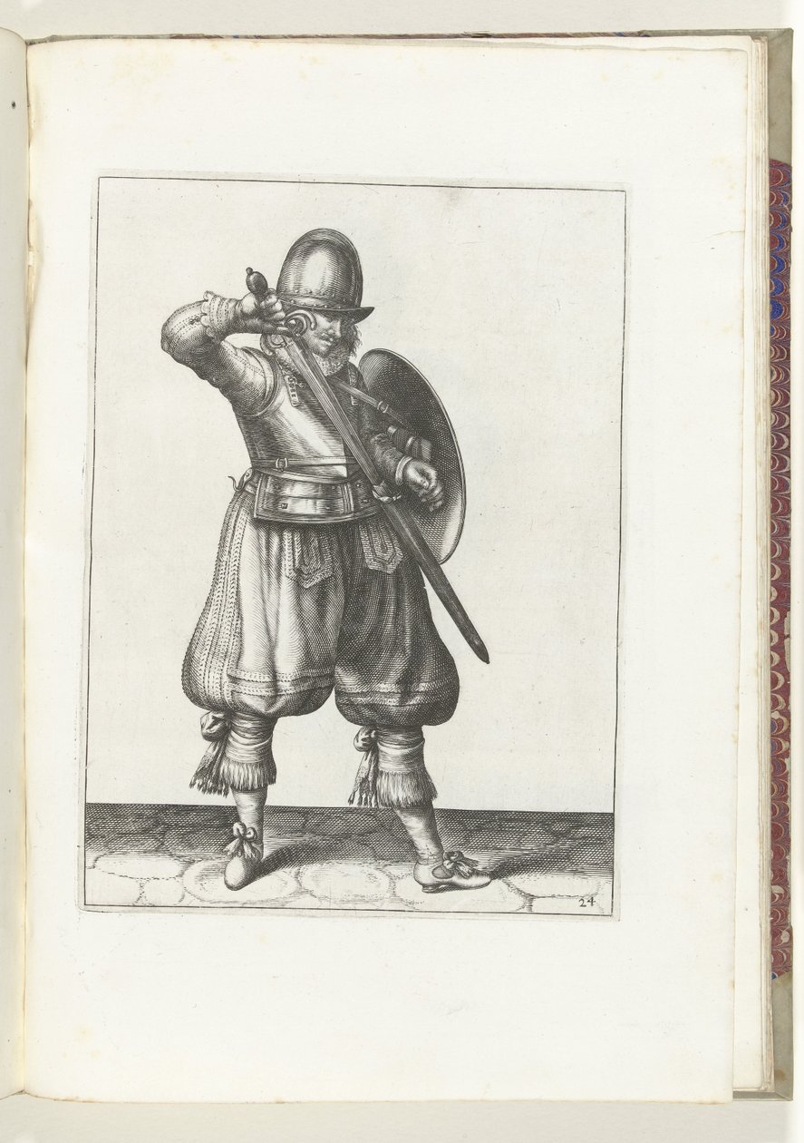 Cvičení The Shield and Spike: The Soldier Resheathing His Rapier (č. 24), 1618 Nassausche Wapen-Handelinge, van Schilt, Spies, Rappier a Targe: vyobrazeny beyde figuerlick a zarámované podle nového řádu [z] (...) Maurits van od Adam van Breen