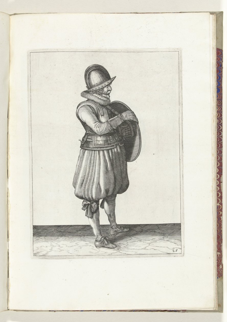 Cvičení štítu a hrotu: Voják vytahuje paži z pásu štítu (č. 25), 1618 Nassausche Wapen-Handelinge, van Schilt, Spies, Rappier a Targe: vyobrazeny beyde figuerlick a zarámované podle nového řádu (...) Mauritů od Adam van Breen