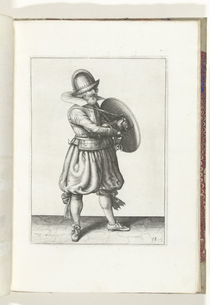 Cvičení The Shield and Spike: The Soldier Draws His Rapier from Behed his Shield (č. 18), 1618 Nassausche Wapen-Handelinge, van Schilt, Spies, Rappier a Targe: vyobrazeny beyde figuerlick a zarámované podle nového řádu [z] (...) Maurits v. od Adam van Breen