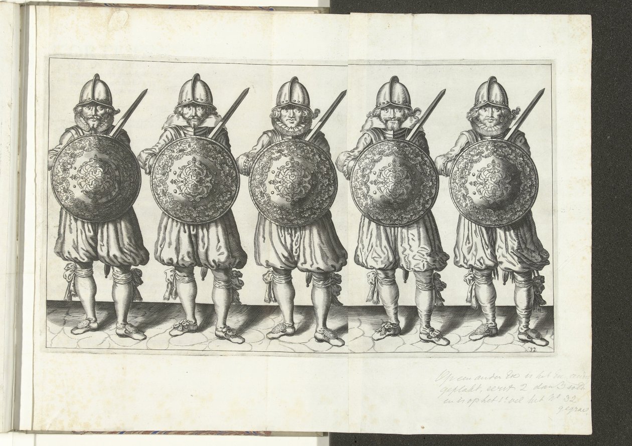 Cvičení Štít a hrot: Pět vojáků stojících vedle sebe v řadě s rapírem v pravé ruce a štítem před hrudníkem (č. 32), 1618 Nassausche Wapen-Handelinge, van Schilt, Spies, Rappier a de Targe: zobrazeno Beyde Figuerlick od Adam van Breen