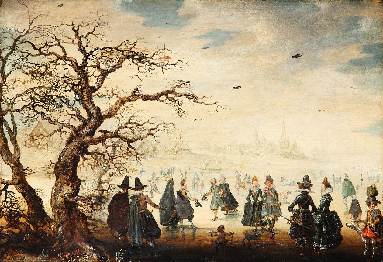 Německy: Wintervergnügen Zimní krajina s elegantními postavami bruslícími na ledě od Adam van Breen
