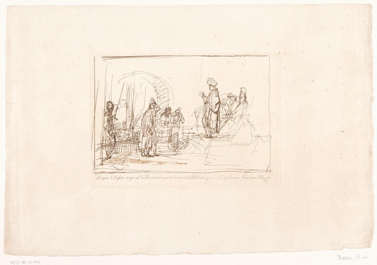 Obžalovaný předveden před své soudce Šest tisků podle kreseb Rembrandta, uchovávaných v Hofbibliothek ve Vídni (název série) Six estampes gravées d
