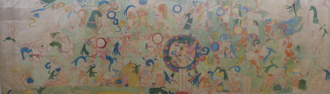 Část nástěnné malby na JZ straně chrámu Jaguarů v Chichén Itzá. Z akvarelu namalovaného Adelou Bretonovou v Chichén Itzá kolem roku 1907, ve sbírce Bristolského muzea a Galerie umění od Adela Breton