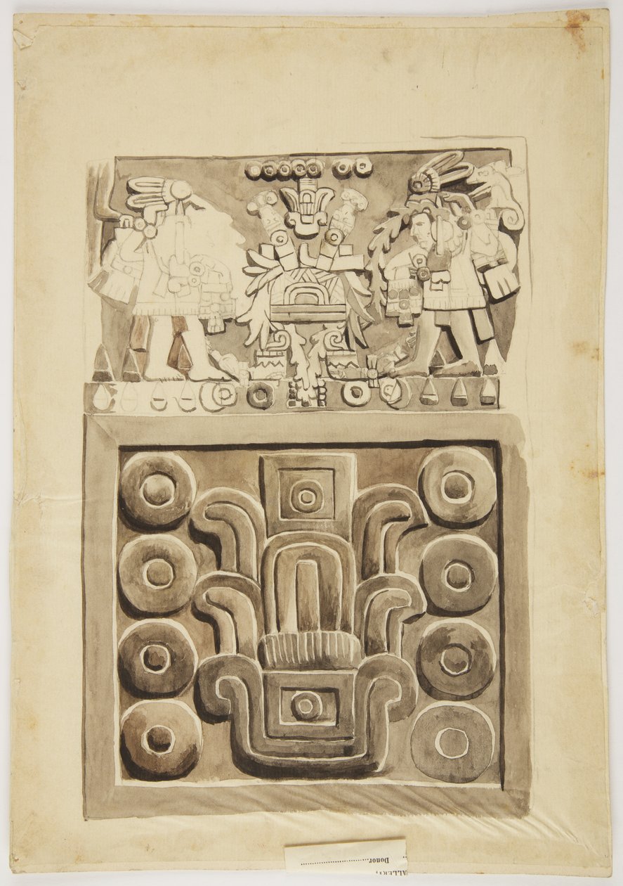 Nahoře je kamenný reliéf z Mexico City, dvě postavy válečníků čelem k centrálnímu zdobenému „stolu“ (akvarel) od Adela Breton