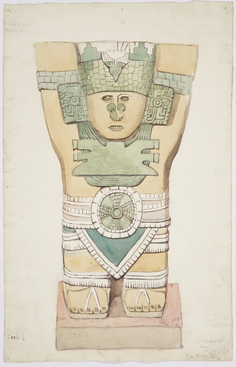 Caryatid III, vnější komora, Horní chrám Jaguárů (Chrám A), Chichen Itzá, Mexiko (akvarel) od Adela Breton