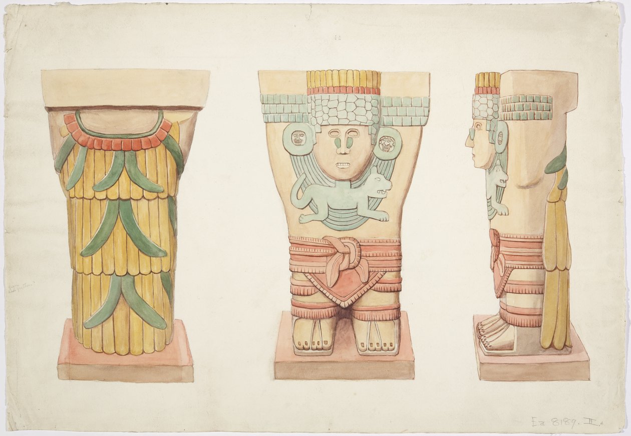 Caryatid II, vnější komora, Horní chrám Jaguárů (Chrám A), Chichen Itzá, Mexiko (akvarel) od Adela Breton