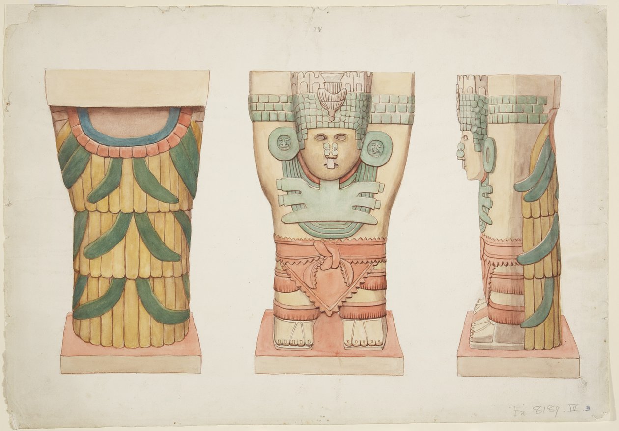 Caryatid z vnější komory, chrám A, míčové hřiště, Chichen Itza (akvarel) od Adela Breton