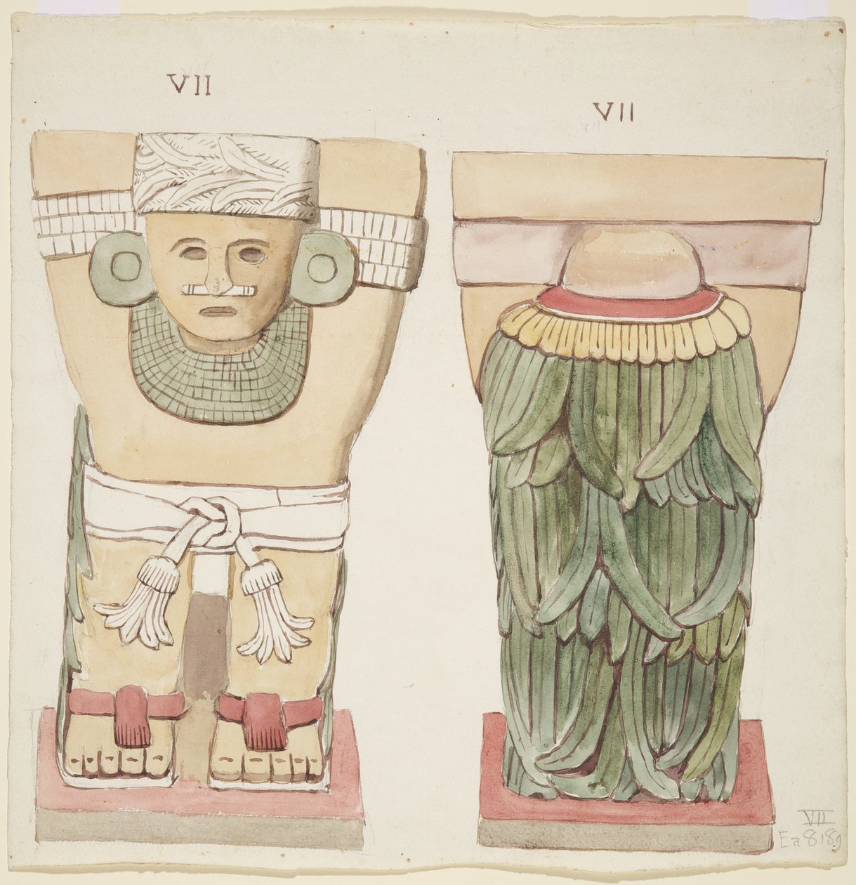 Caryatid z vnější komory, chrám A, míčové hřiště, Chichen Itza, Mexiko (akvarel) od Adela Breton