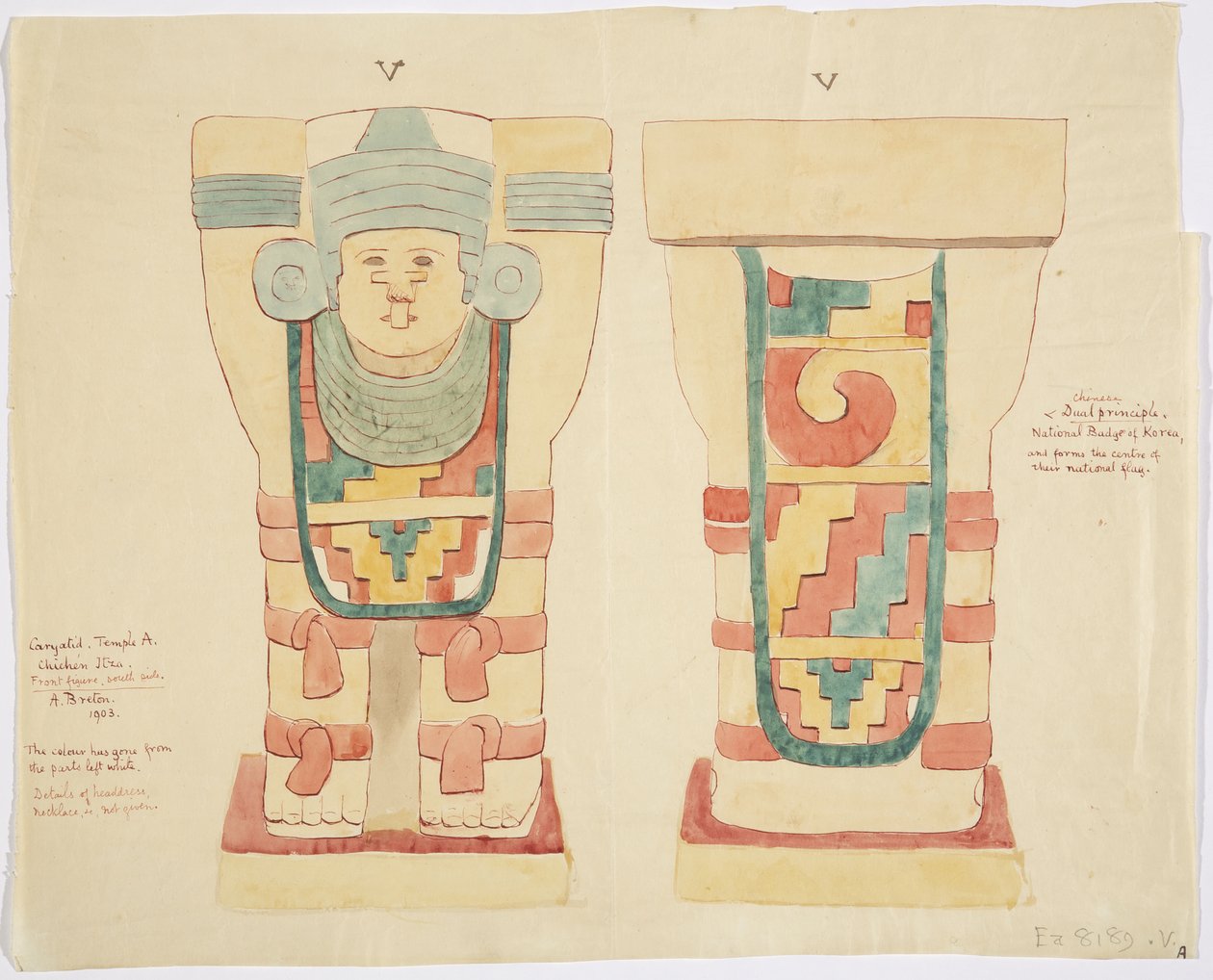 Caryatid z vnější komory, Horní chrám Jaguárů (Chrám A), hřiště na míče, Chichen Itza (akvarel) od Adela Breton