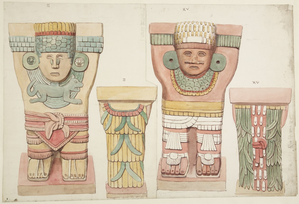 Caryatids II a XV z vnější komory, Horní chrám jaguárů, Chichen Itza, Mexiko (akvarel) od Adela Breton