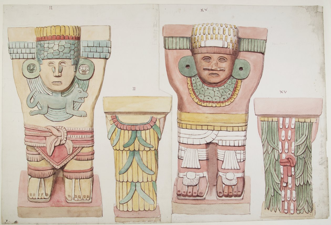 Caryatids II a XV z vnější komory, Horní chrám jaguárů, Chichen Itza, Mexiko (akvarel) od Adela Breton